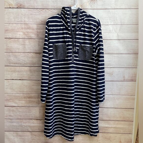 NATURAL REFLECTIONS HOODED DRESS IN NAVY BLUE AND WHITE STRIPED COTTON KNIT - Picture 1 of 7